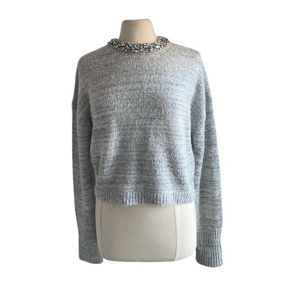 J. CREW Embellished Pullover Sweater Womens Sz Medium Grey Rhinestone Collar - Picture 1 of 6